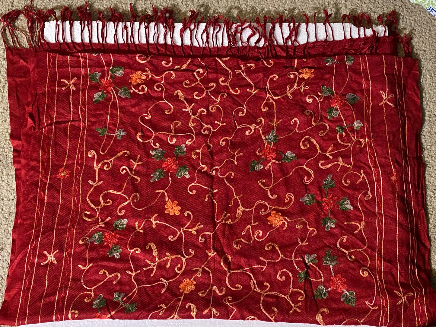 Hand-embroidered patterned scarf